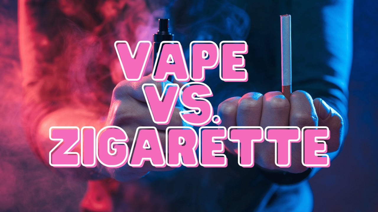 Buntes Farbbild mit einem Man, der in seiner rechten Hand einen Vape und in seiner linken Hand eine Zigarette hält. Bildüberschrift ist Pink und schreibt: Vape vs. Zigarette 